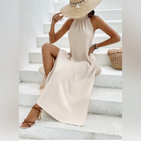 Cotton Split Thigh Halter Backless Dress - Picture 4 of 5